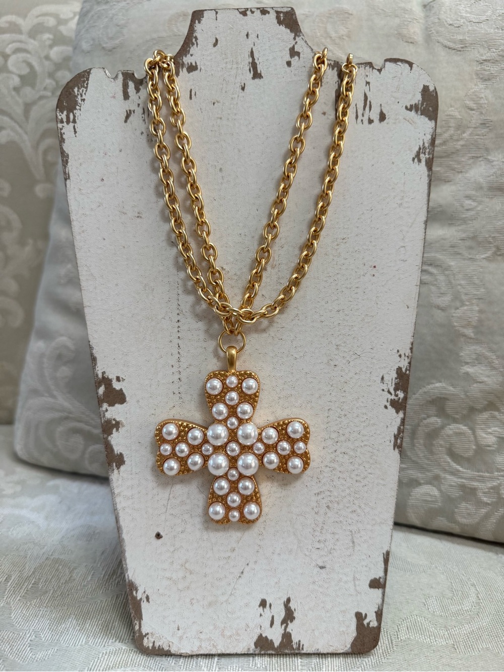 Large Pearl Cross Pendant Necklace